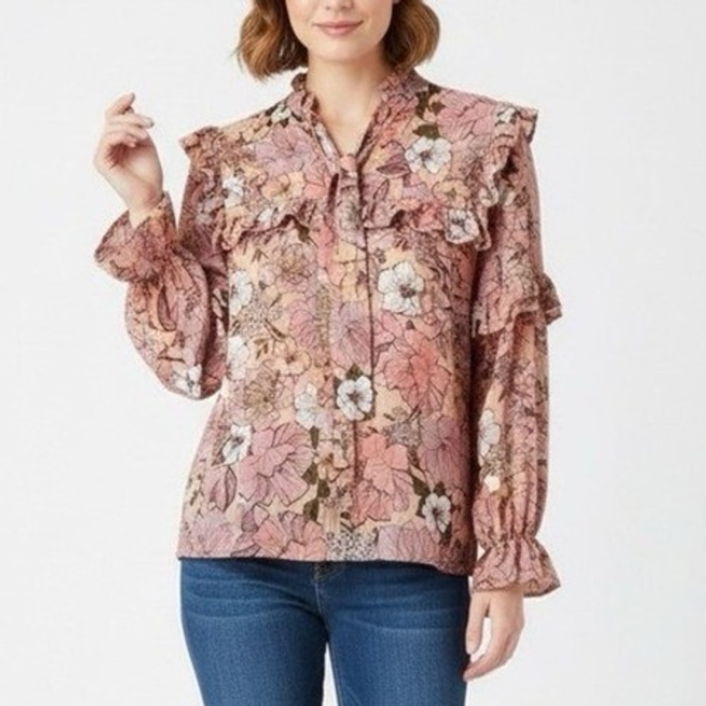 Koko + Mason Pink Floral Ruffle Tie Neck Metallic Gold Pinstripe‎ Blouse M